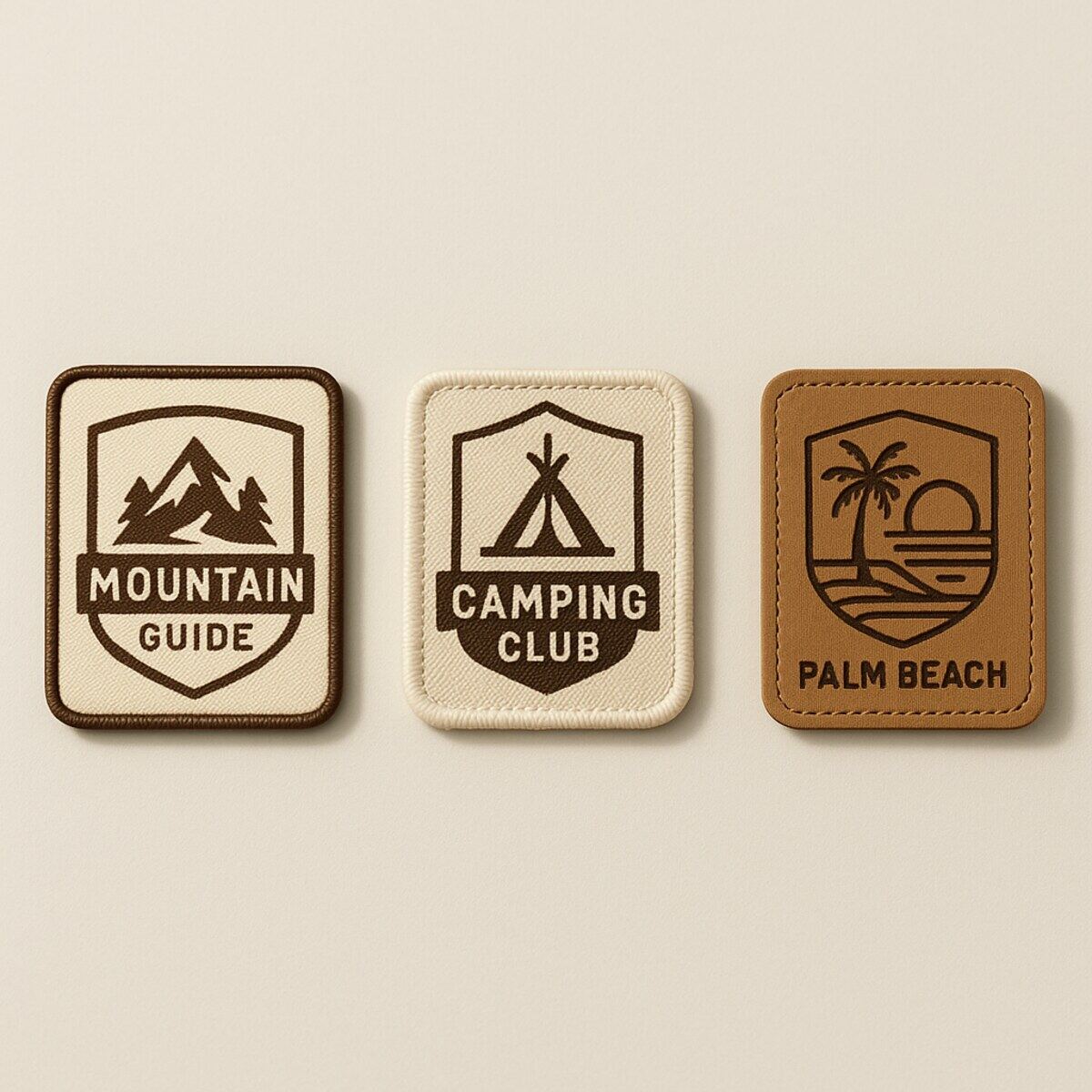 Woven and leather patch styles arranged flat as a hat bar patch menu